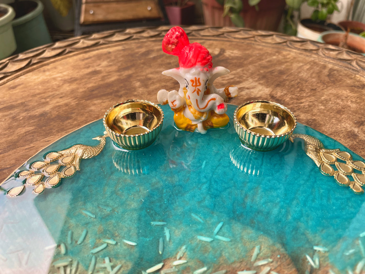 Resin Handcrafted Pooja Thali With Cute Ganesha Attached along with Kumkum Vatis /Arti Thali/Roli Chawal Platter/Resin Thali/Rakhi Platter/Tilak Platter/Religious gifts