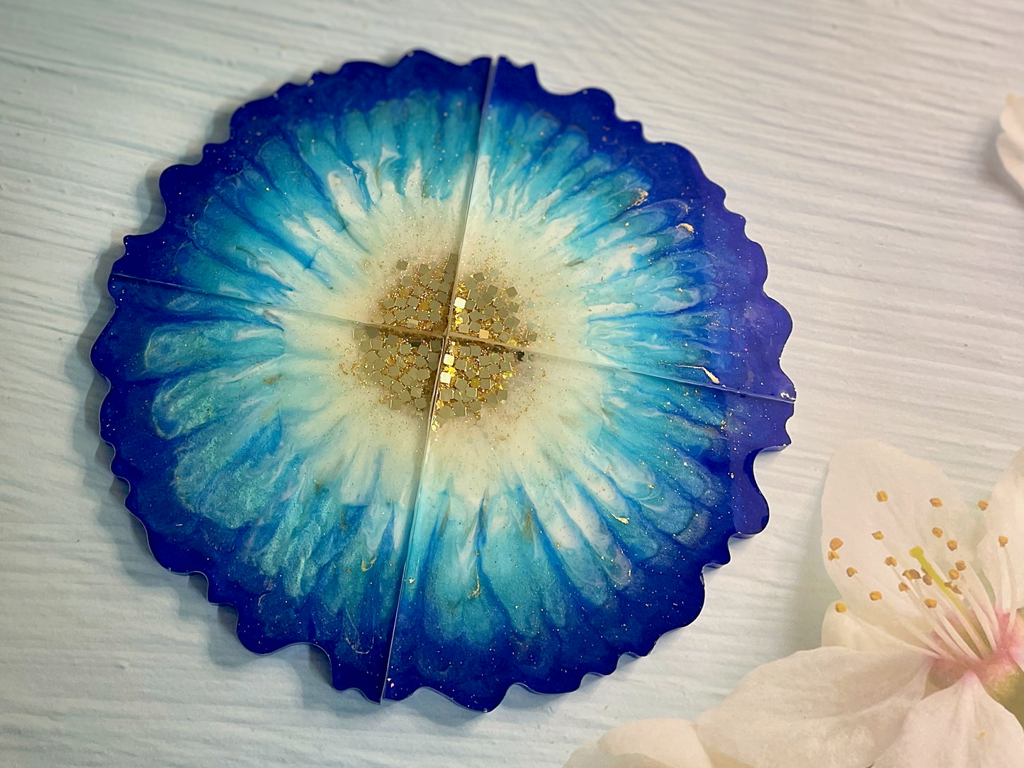 Blue Gradient Triangle Resin Coaster With Golden Flakes In Centre